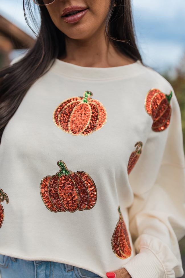 Pumpkin Spice Please Ivory Sequin Patch Sweatshirt FINAL SALE Product Image