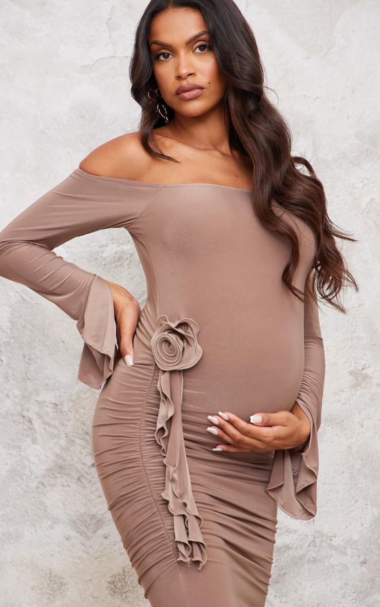 Maternity Taupe Slinky Off The Shoulder Flower Detail Maxi Dress Product Image