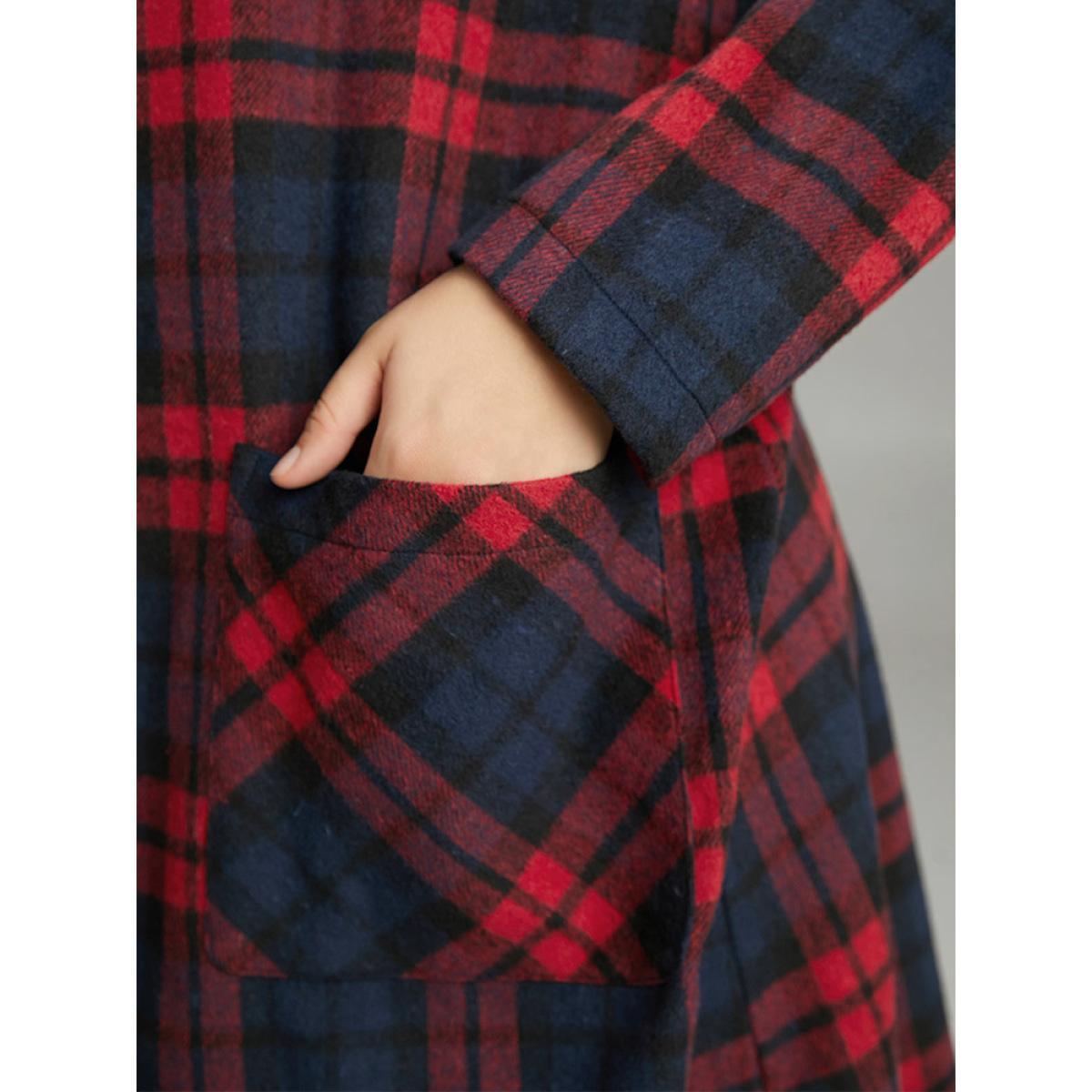 Plus Size Plaid Button Through Pocket Hooded Coat Women Indigo Casual Contrast Ladies Everyday Winter Coats BloomChic 26/4X Product Image