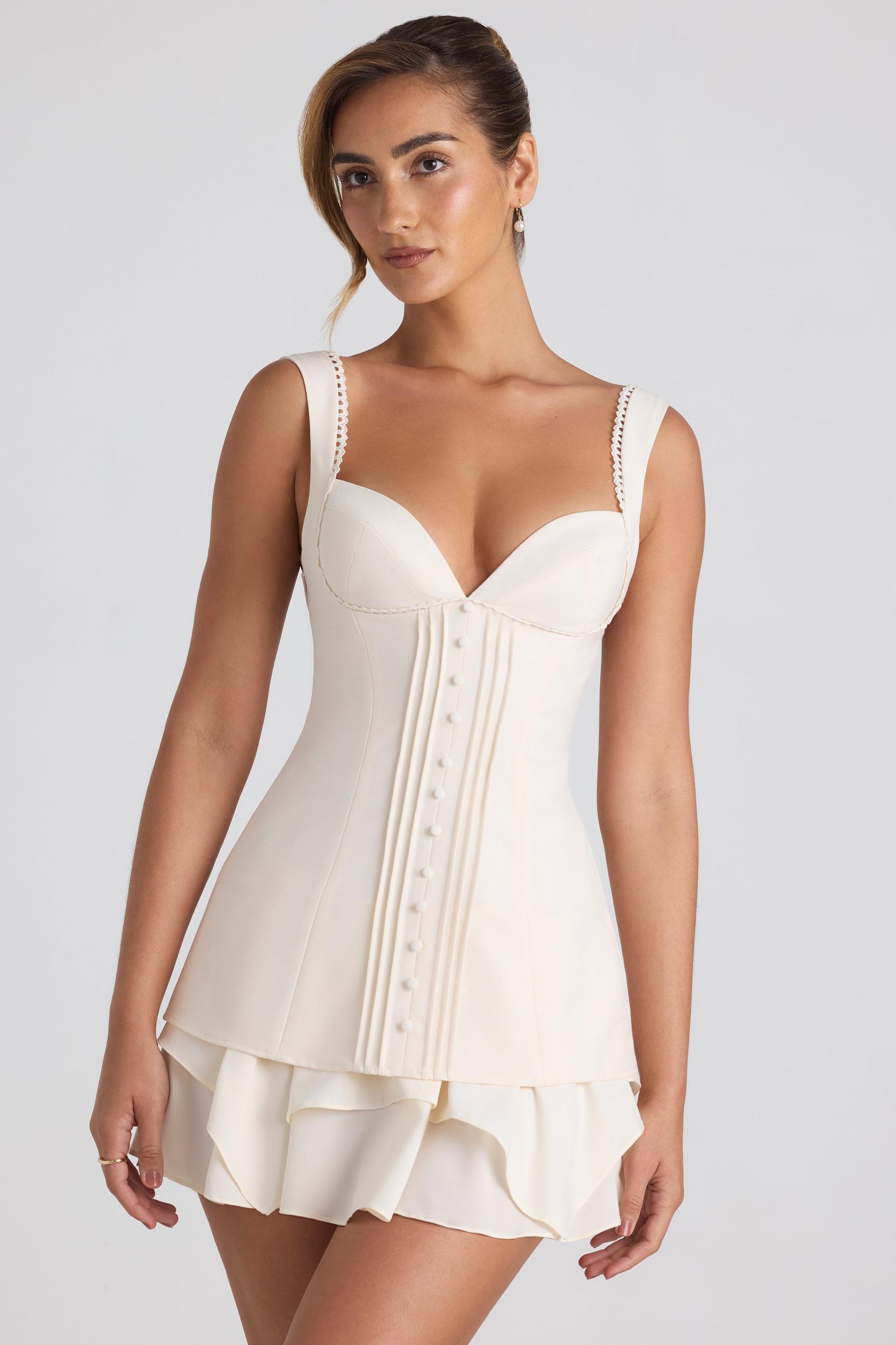 Ruffle-Trim Button-Detail Corset Mini Dress in Ivory Product Image