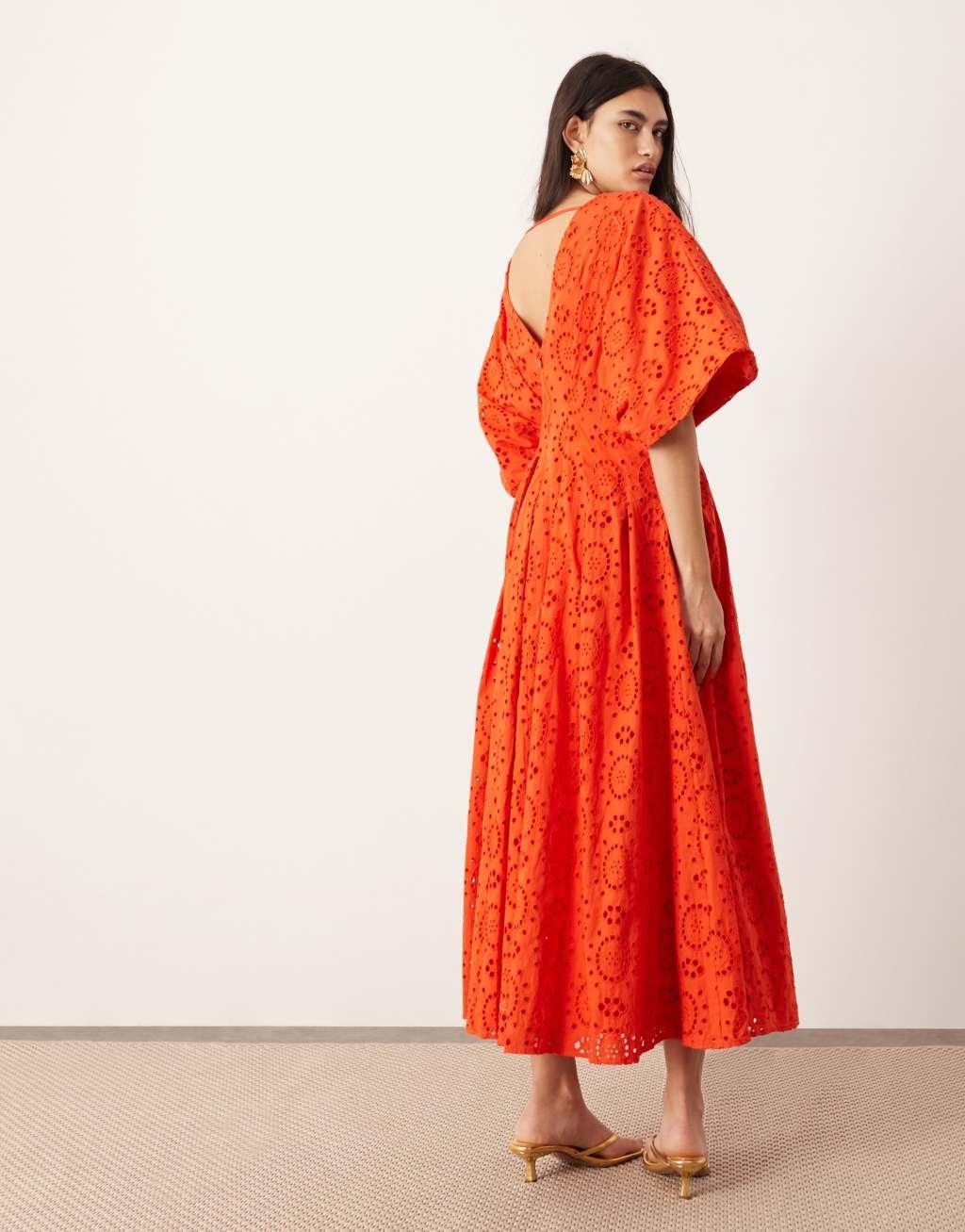 ASOS EDITION eyelet wide sleeve plunge midi dress in red Product Image