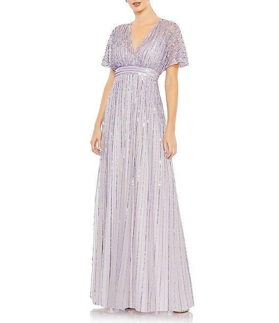 Mac Duggal Vneck Short Sleeve Sequined Mesh Aline Gown Product Image