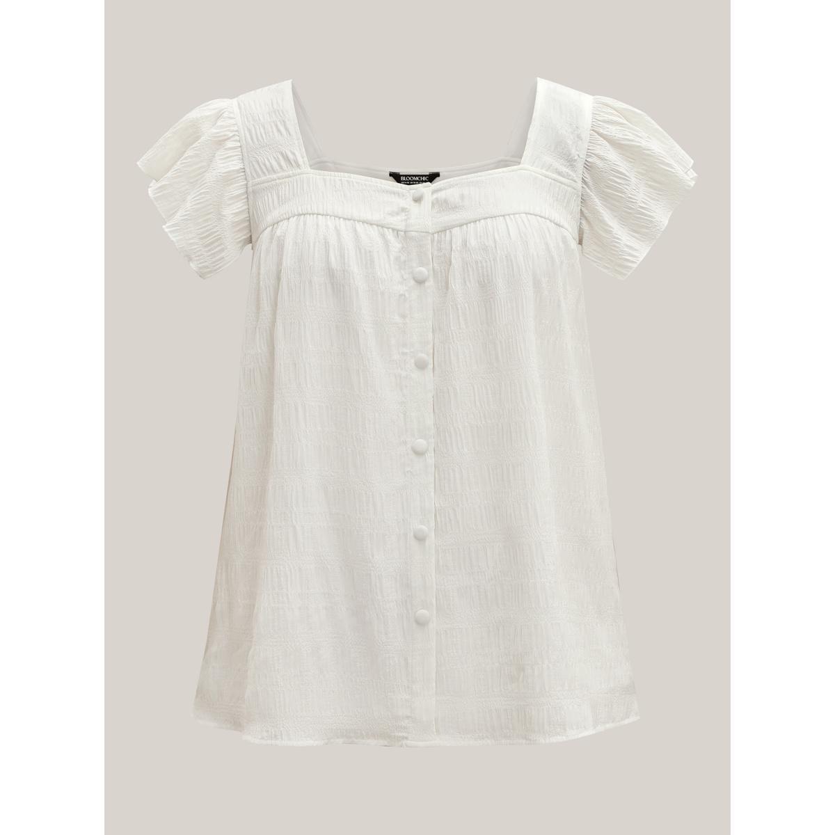 Plus Size Originalwhite Textured Flutter Sleeve Button Detail Blouse Women Cap Sleeve Square Neck Everyday-Casual Blouses BloomChic 10/M Product Image