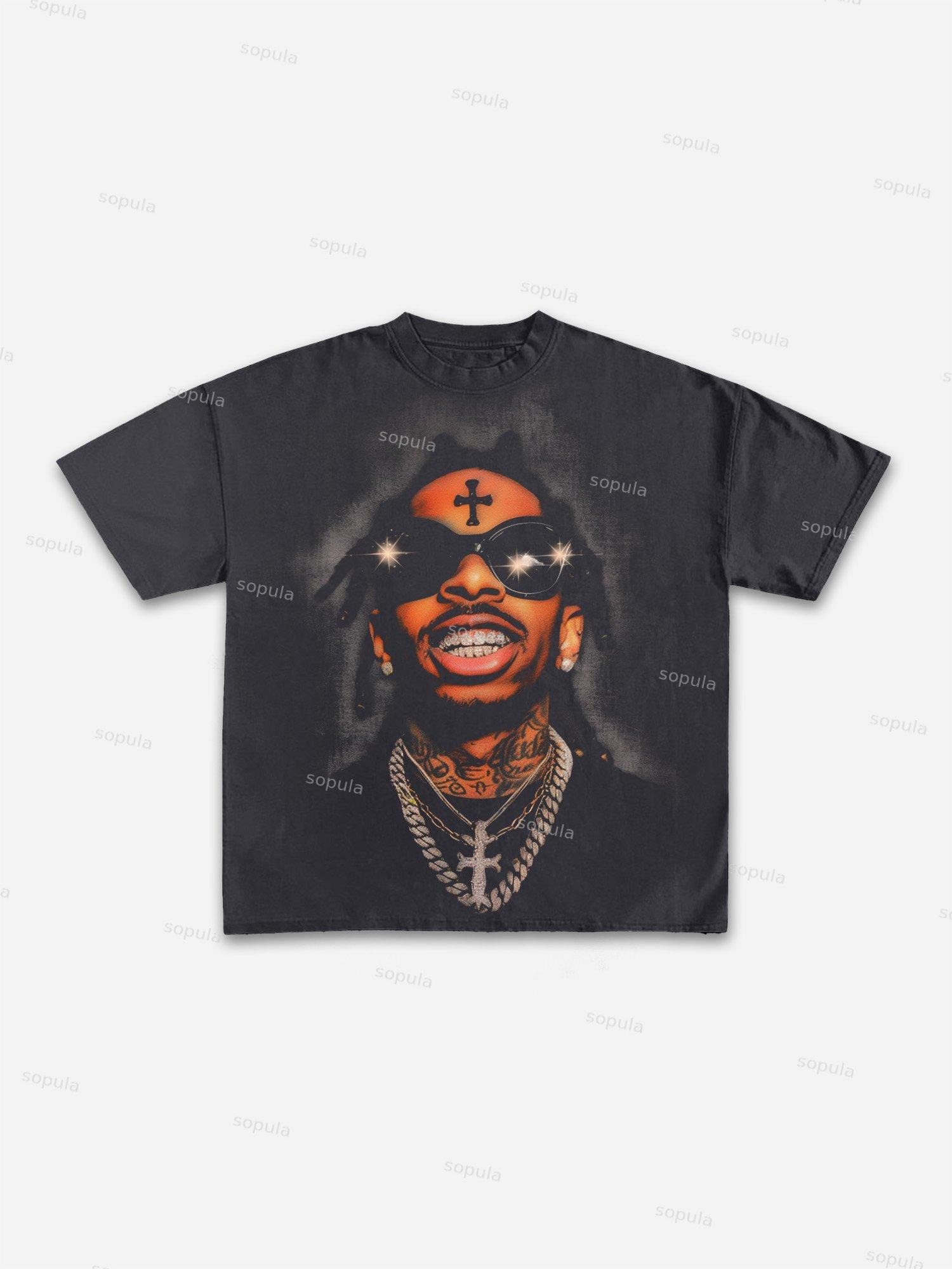 Men's Rich Street Portrait Rap Graphic Cotton T-shirt Product Image