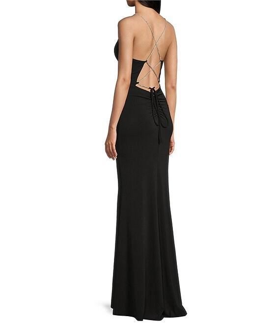 Midnight Doll V-Neck Rhinestone Spaghetti Strap Side Slit Lace Up Back Dress Product Image