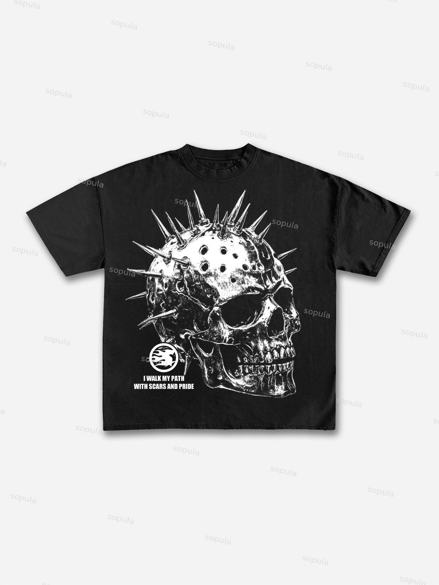 Metallic Spiked Skull Retro Graphic Cotton T-shirt Product Image