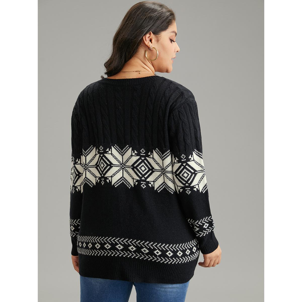 Plus Size Geometric Jacquard Cable Knit Pullover Black Women Casual Loose Long Sleeve Round Neck Dailywear Pullovers BloomChic 30/6X Product Image