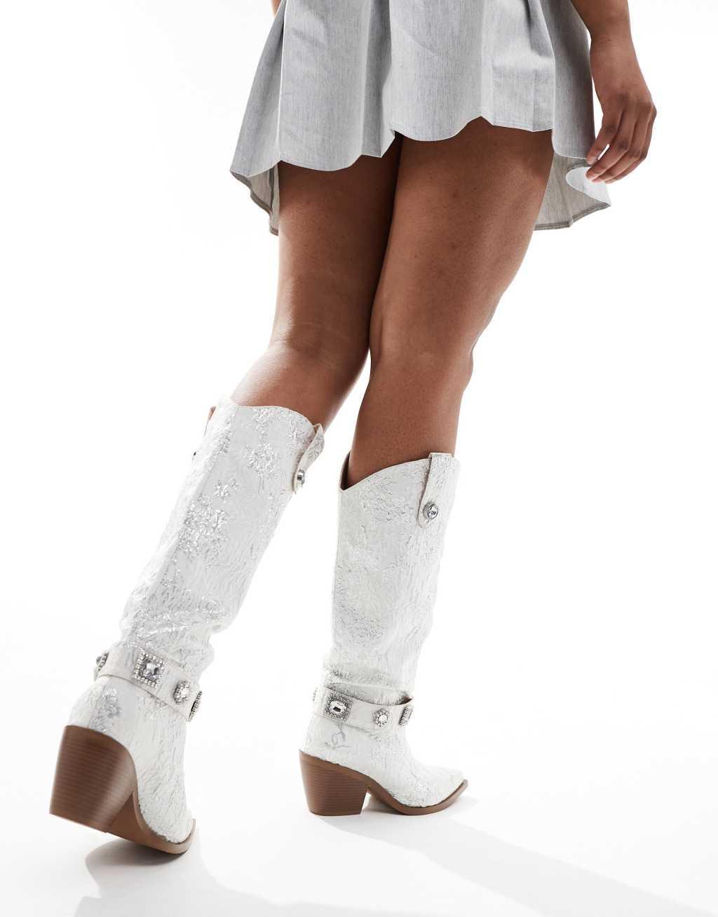 Azalea Wang Bridal Bavani embroidered western knee boots in white Product Image