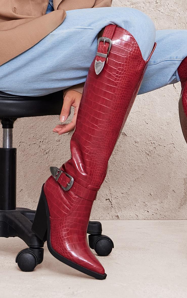 Burgundy Croc PU Point Toe High Block Heel Knee High Western Boots Product Image