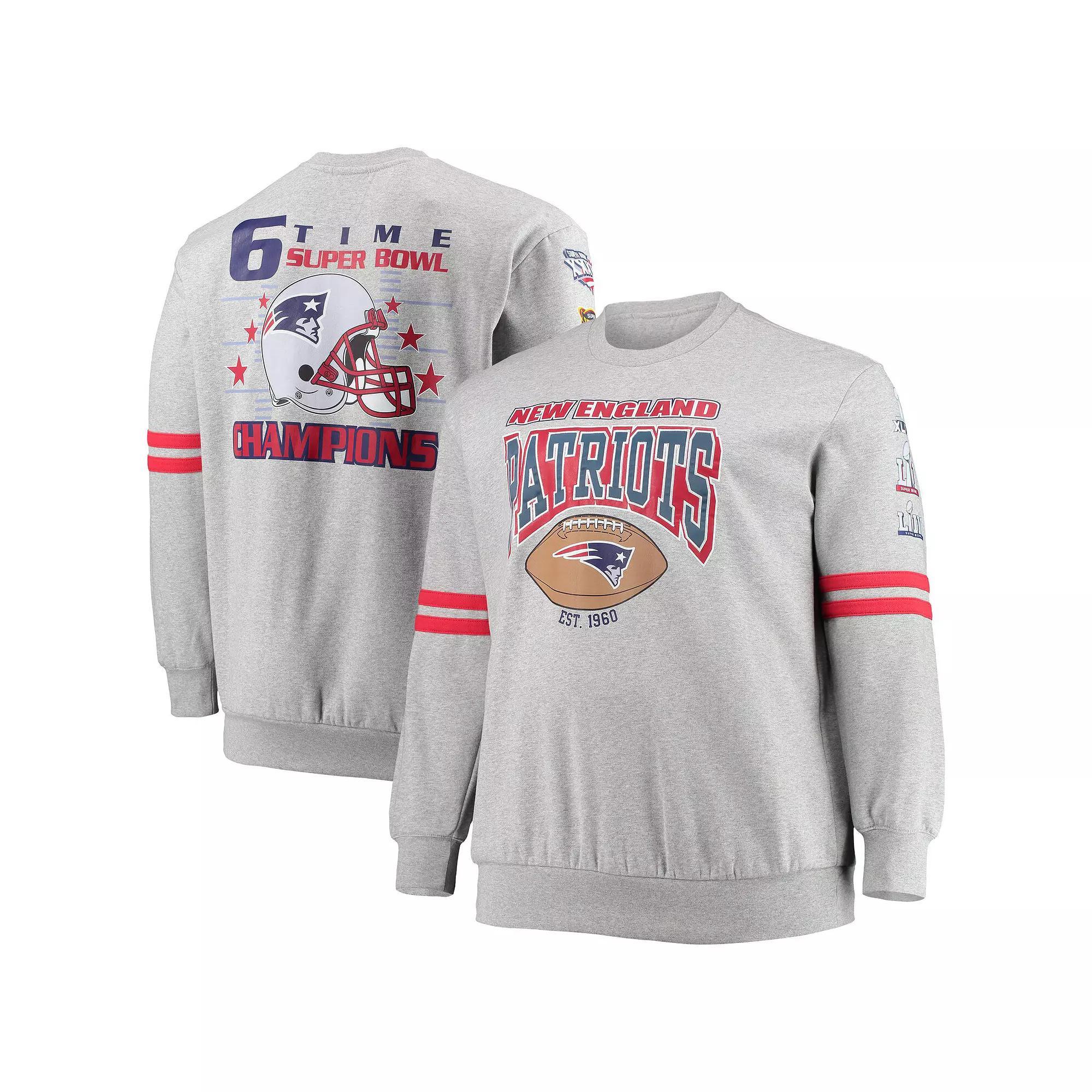 Men's Mitchell & Ness Heathered Gray New England Patriots Big & Tall Allover Print Pullover Sweatshirt, Size: 2XLT, Grey Product Image