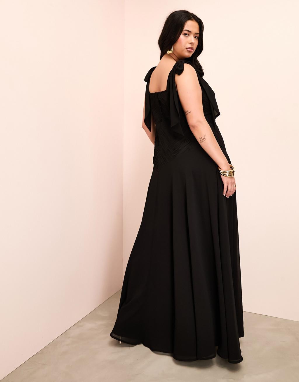 ASOS LUXE Curve chiffon tie shoulder maxi dress in black Product Image