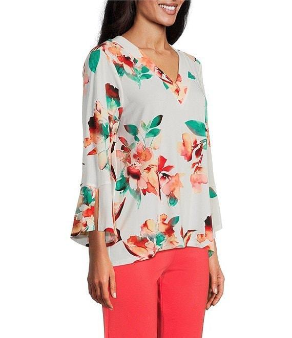Slim Factor by Investments Scattered Blooms V-Neckline 3/4 Slit Sleeve Top Product Image