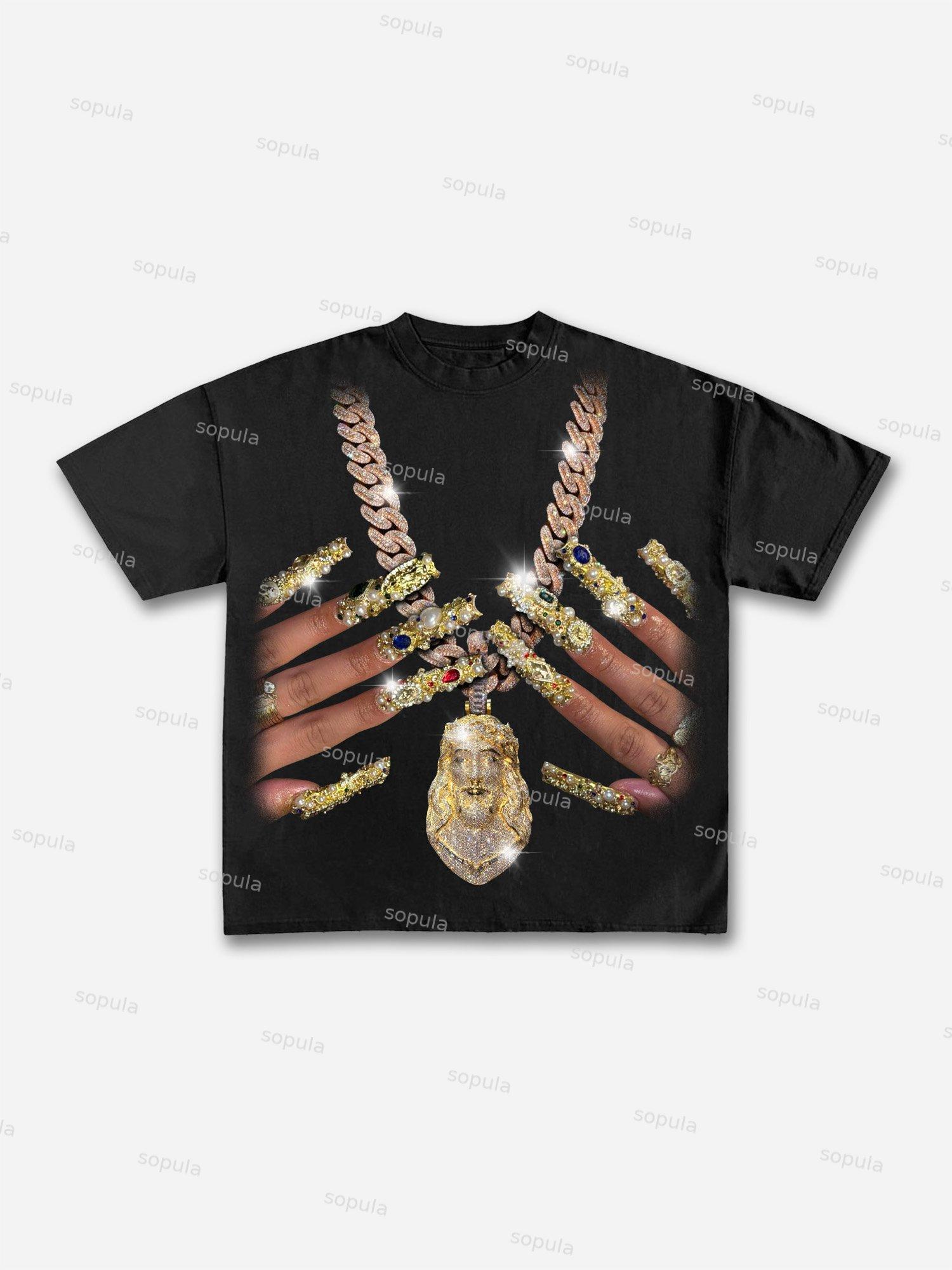 Vintage God Jesus Jewelry Nail Art Graphic Cotton T-shirt Product Image