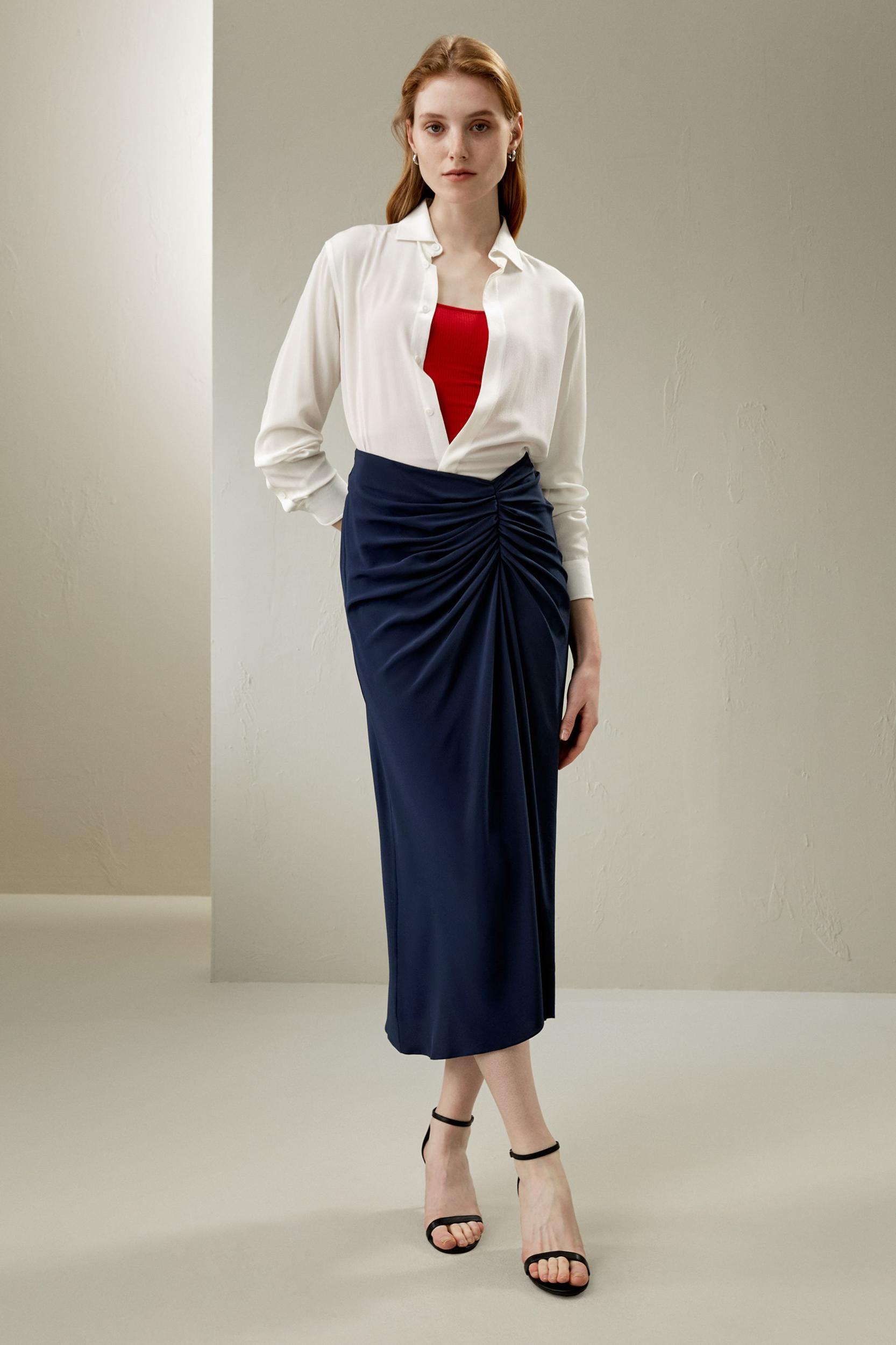 Tucked Drape Silk Midi Skirt Product Image