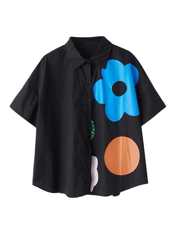 Loose Short Sleeves Buttoned Flower Print Lapel Blouses&Shirts Tops Product Image