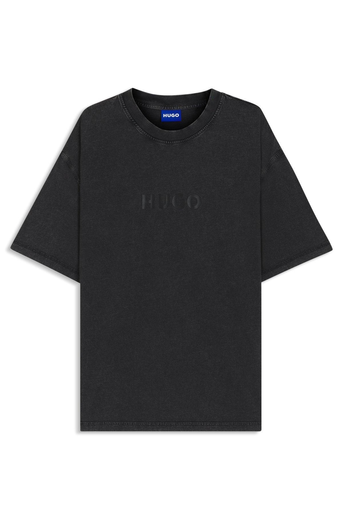 HUGO - Cotton T-shirt with tonal logo print - Black Product Image