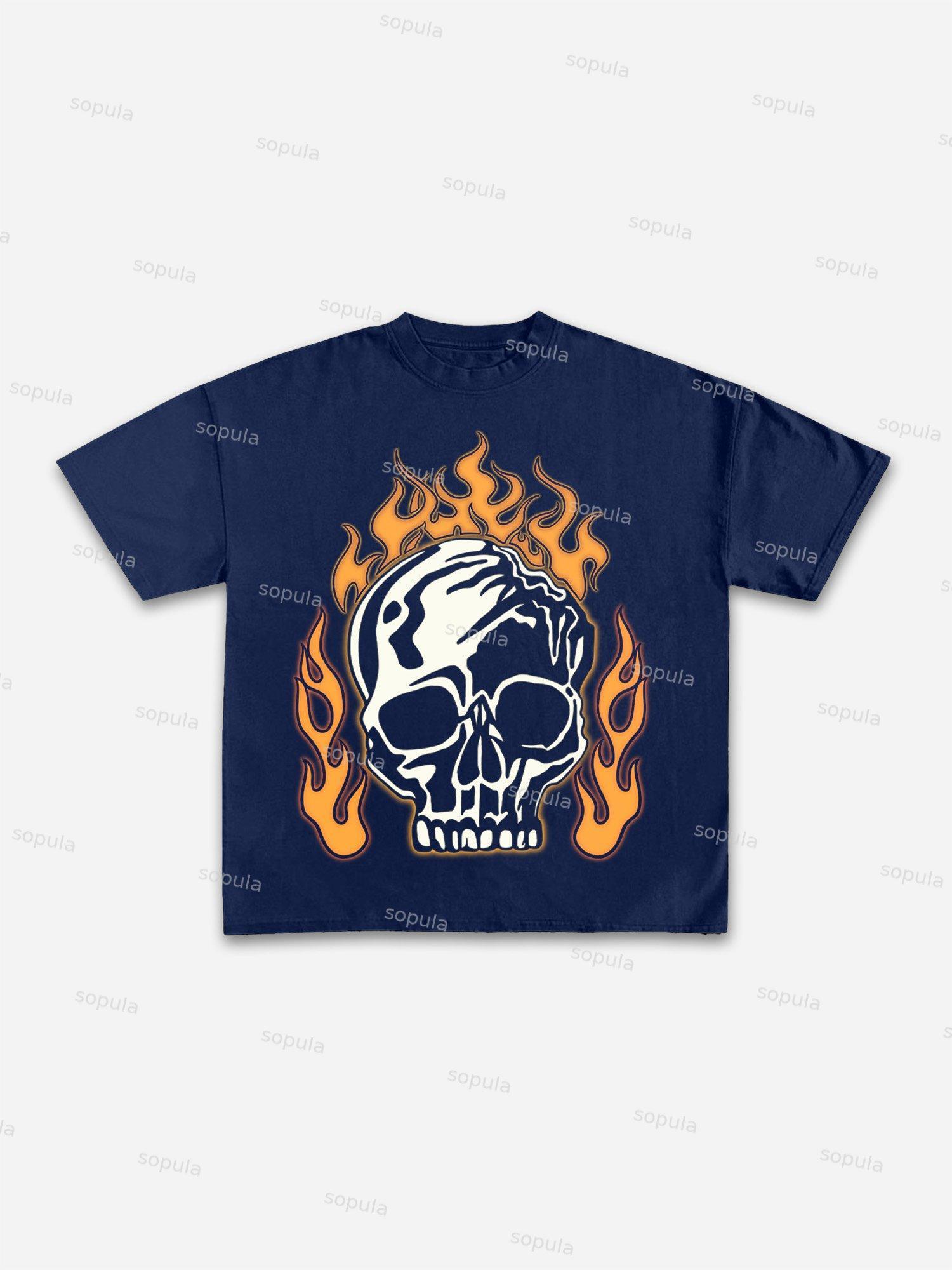 Men's Flaming Skull Graphic Cotton T-shirt Product Image