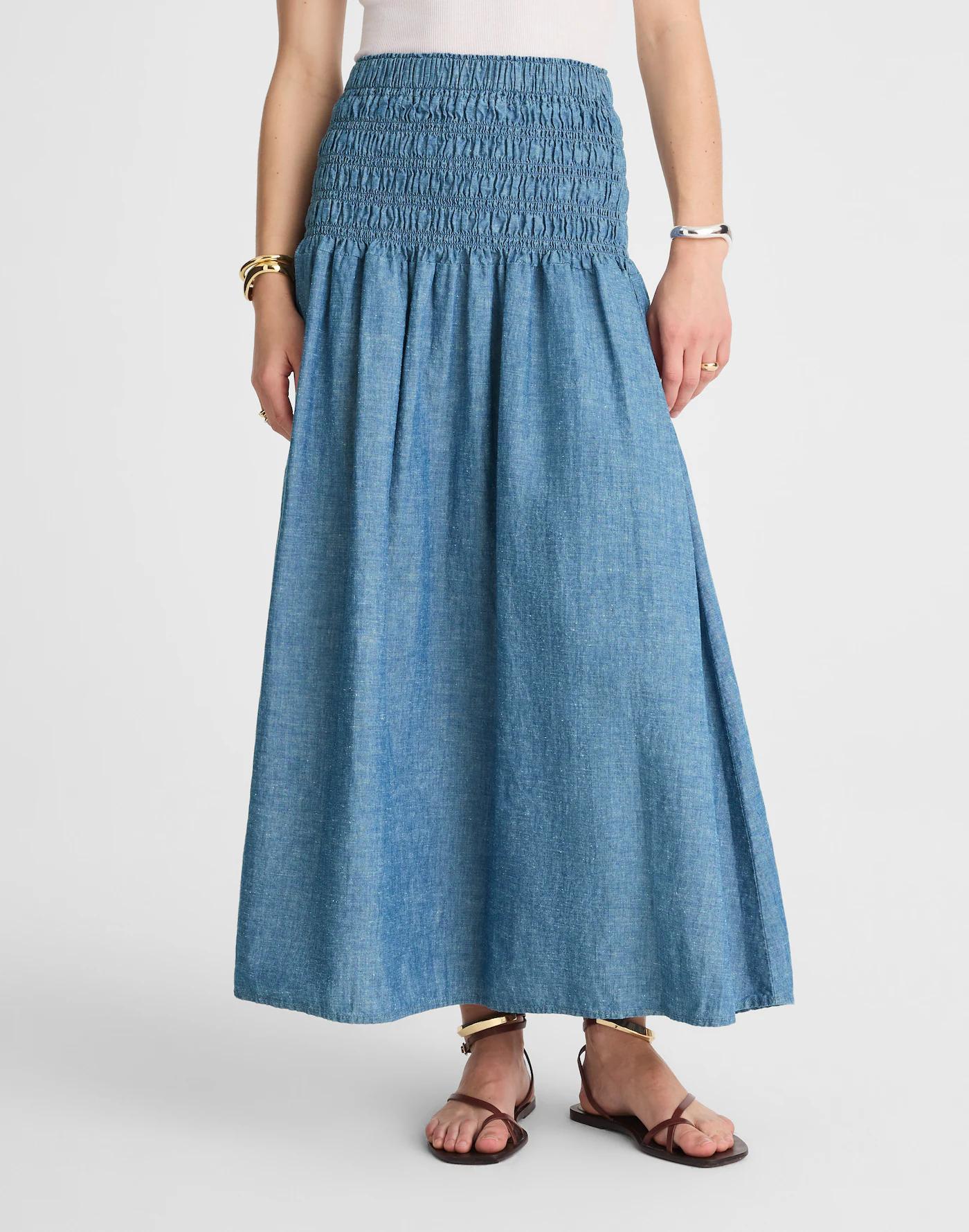 Smocked-Waist Denim Midi Skirt Product Image