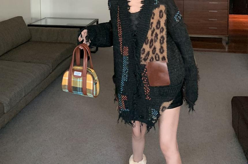 V-Neck Leopard Patterned Fringe Cardigan Product Image