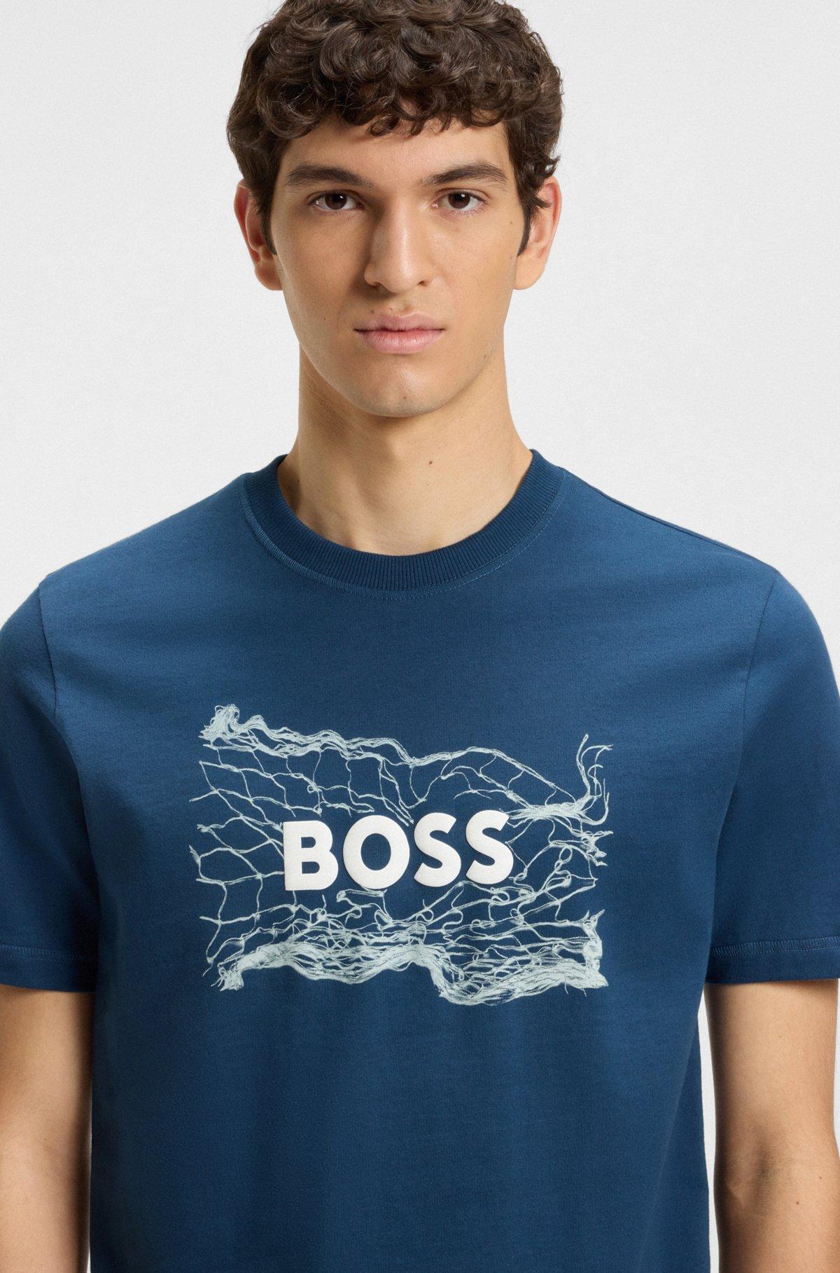 BOSS - Cotton-jersey T-shirt with logo artwork - Light Blue Product Image