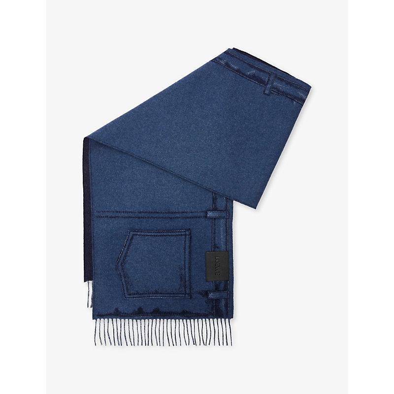 LOEWE Denim Cashmere-blend Fringe Scarf In Jeans Blue Product Image