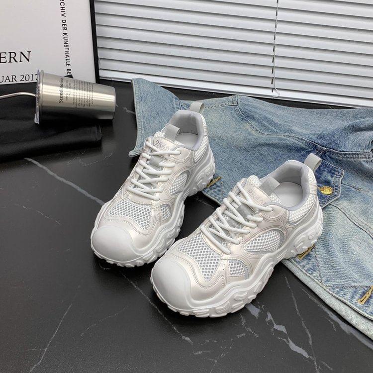 Lace-Up Mesh Panel Platform Sneakers Product Image