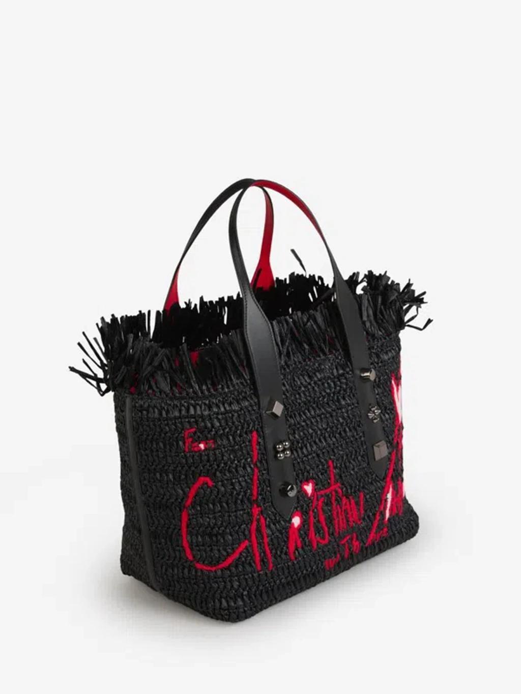 CHRISTIAN LOUBOUTIN Medium Frangibus Raffia Tote Bag In Black Product Image