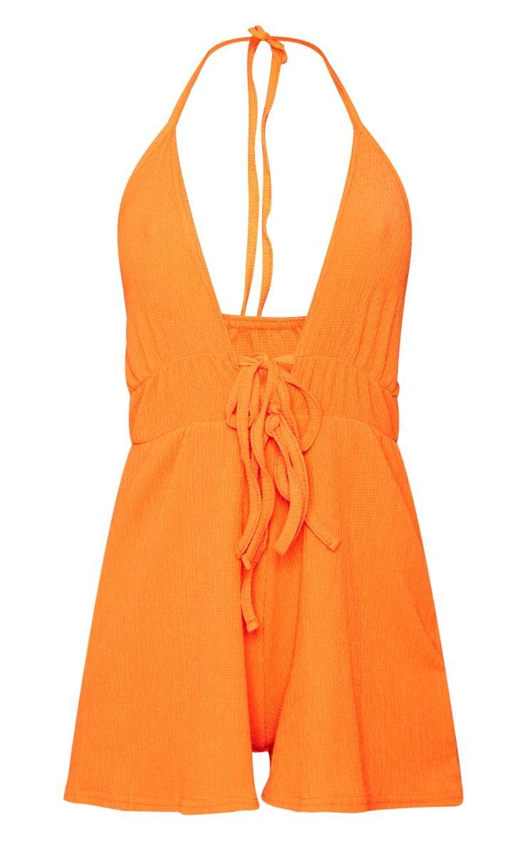 Orange Textured Tie Bust Detail Halter Romper Product Image