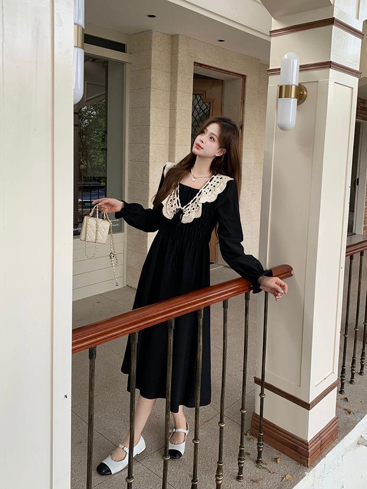 Long Sleeve Square Neck Lace Panel Midi A-Line Dress Product Image