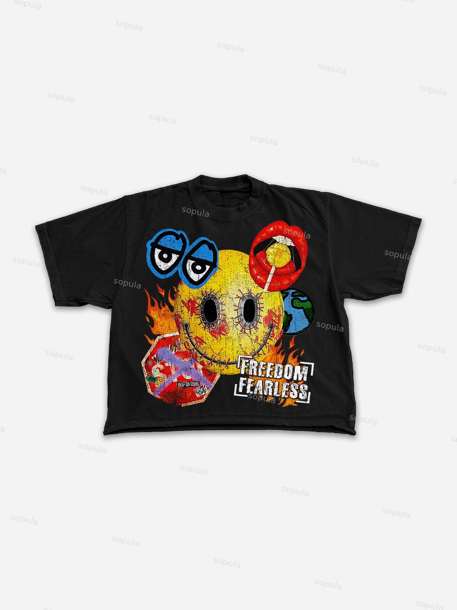 Smiley Face Graffiti Fearless Print Cropped T-shirt Product Image
