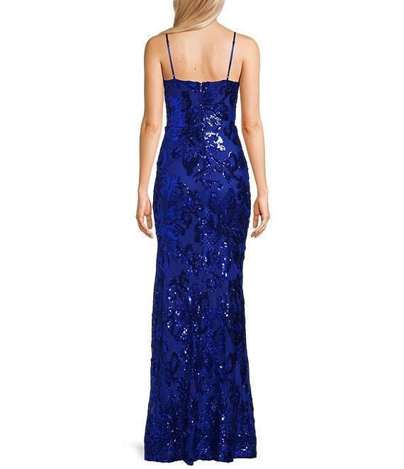 Midnight Doll Patterned Sequin Scoop Neck Spaghetti Strap Side Slit Dress Product Image