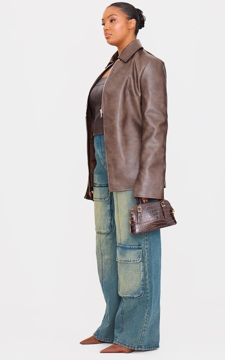 Plus Brown Washed Split Hem Oversized Collar Detail Faux Leather Jacket Product Image