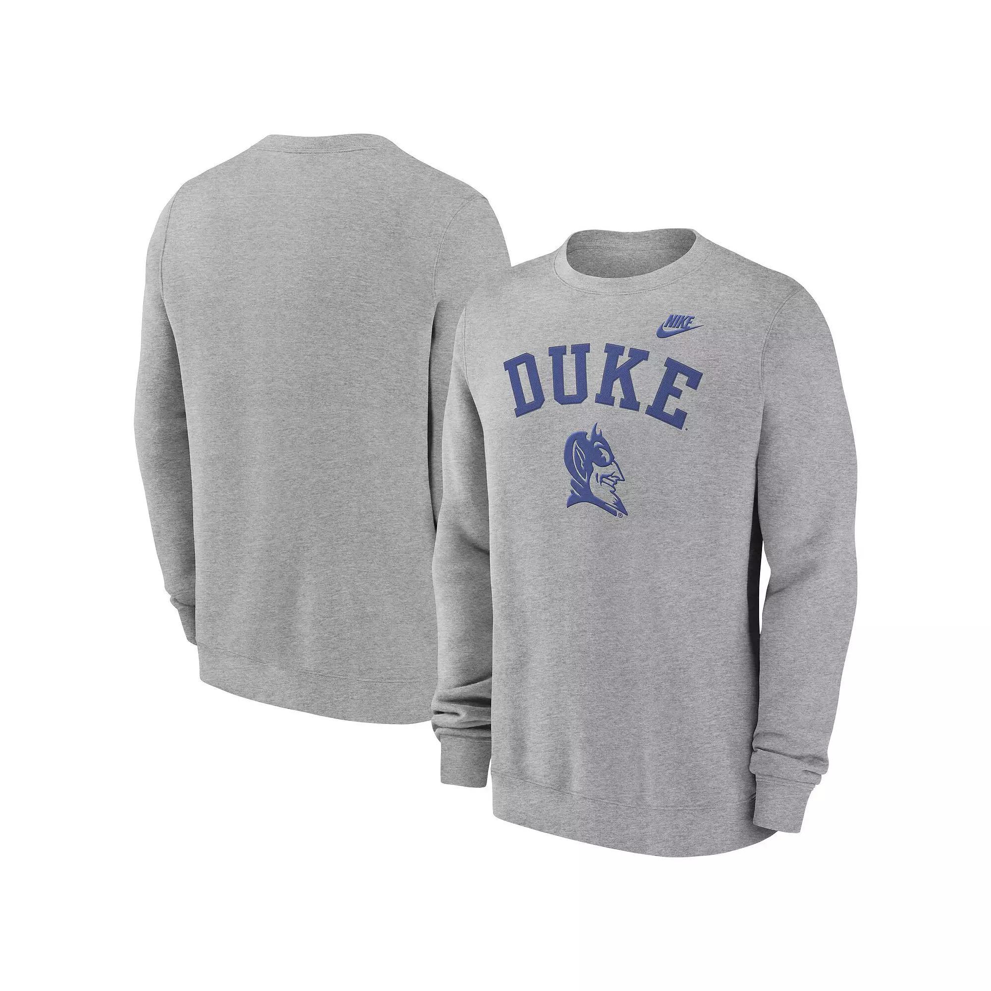 Men's Nike Heather Gray Duke Blue Devils Legacy Classic Tackle Twill Embroidered Arch Over Logo Pullover Sweatshirt,  Product Image