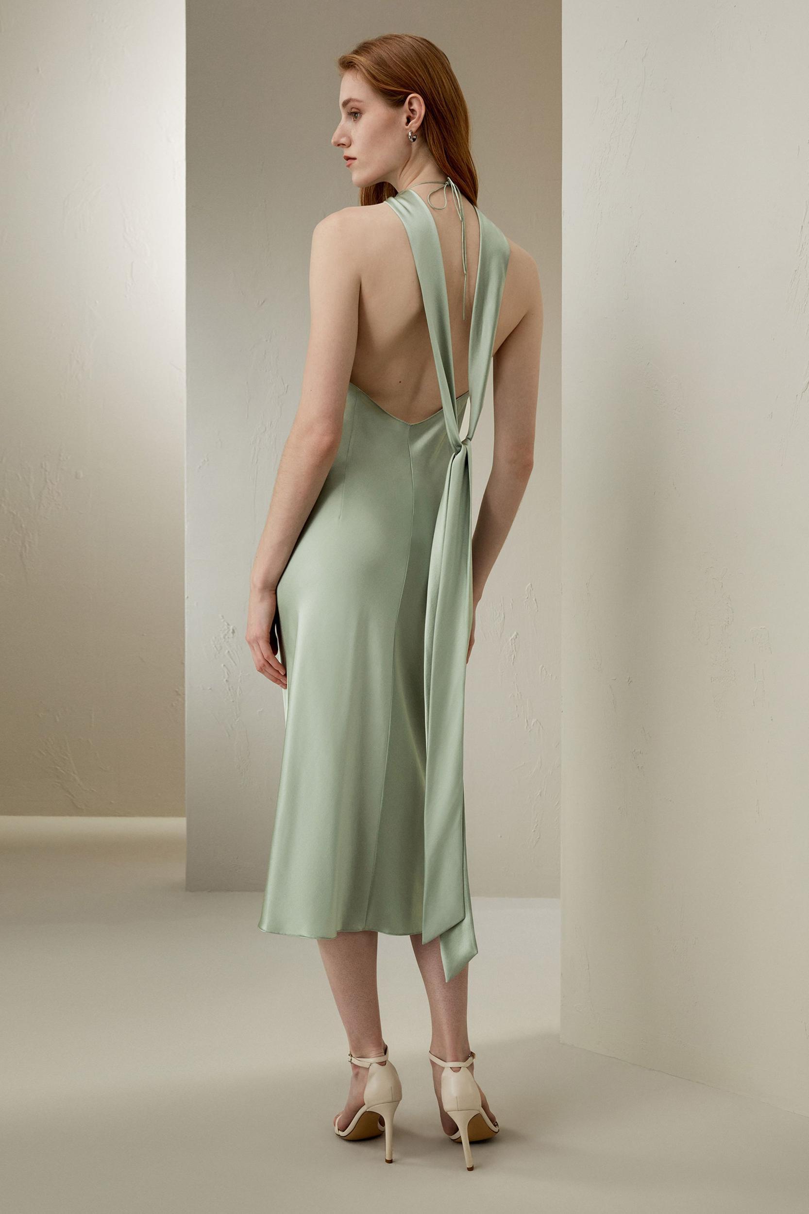 Halter Neck Open Back Silk Dress Product Image