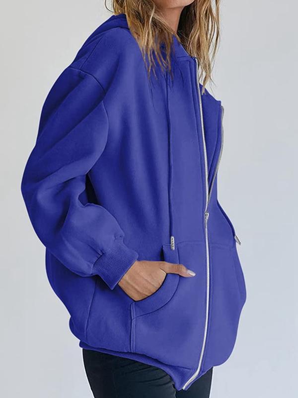 Solid Drawstring Zip Up Oversized Hoodie Product Image