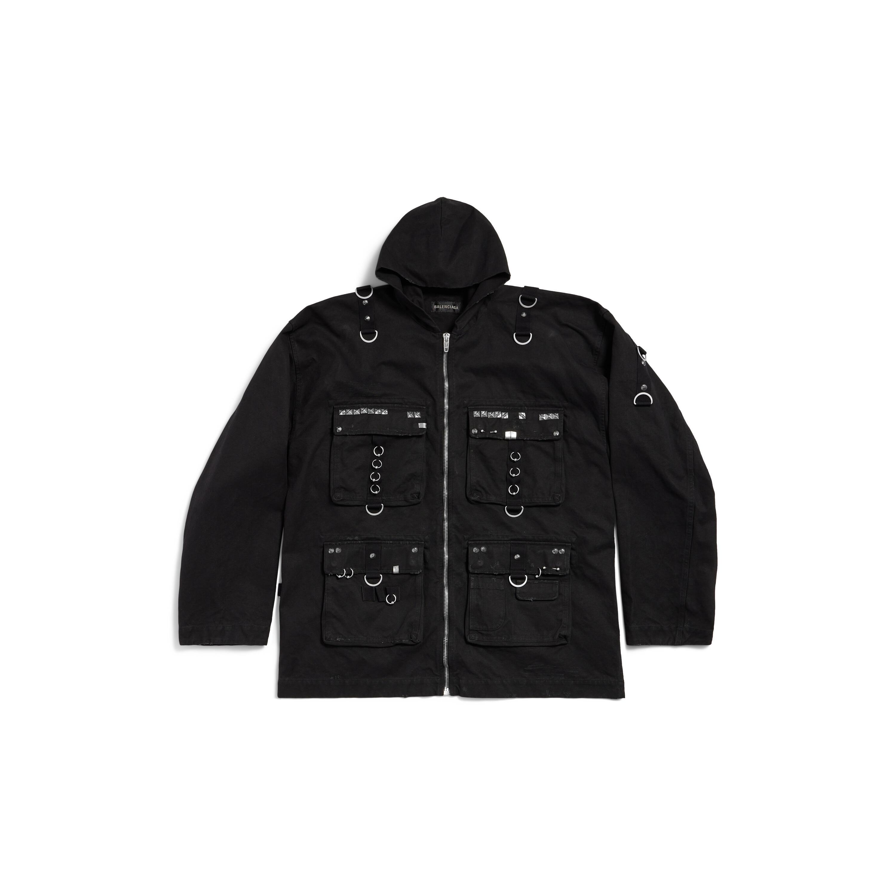 Men's Hooded Studded Zip-up Jacket in Black Product Image