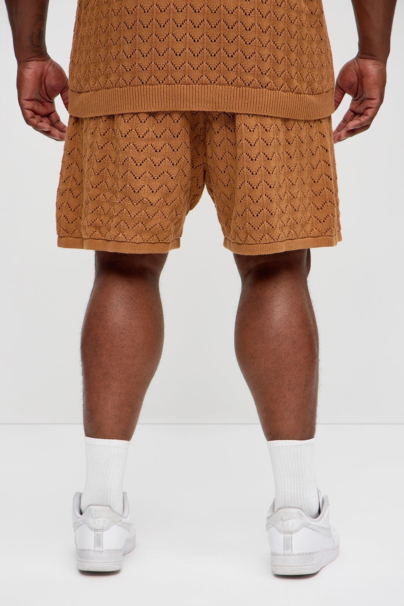 Waterfall Texture Open Knit Shorts - Brown Product Image
