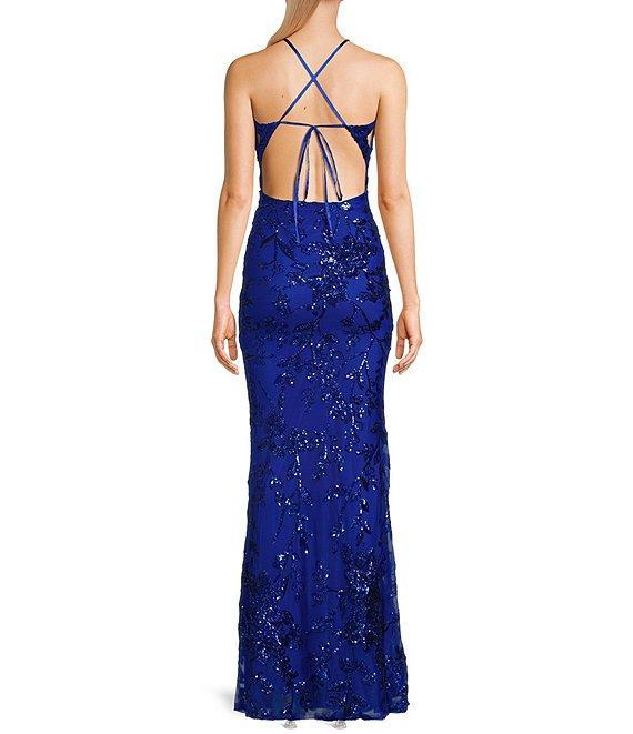 B. Darlin Sequin Patterned V-Neck Spaghetti Strap Tie Back Dress Product Image