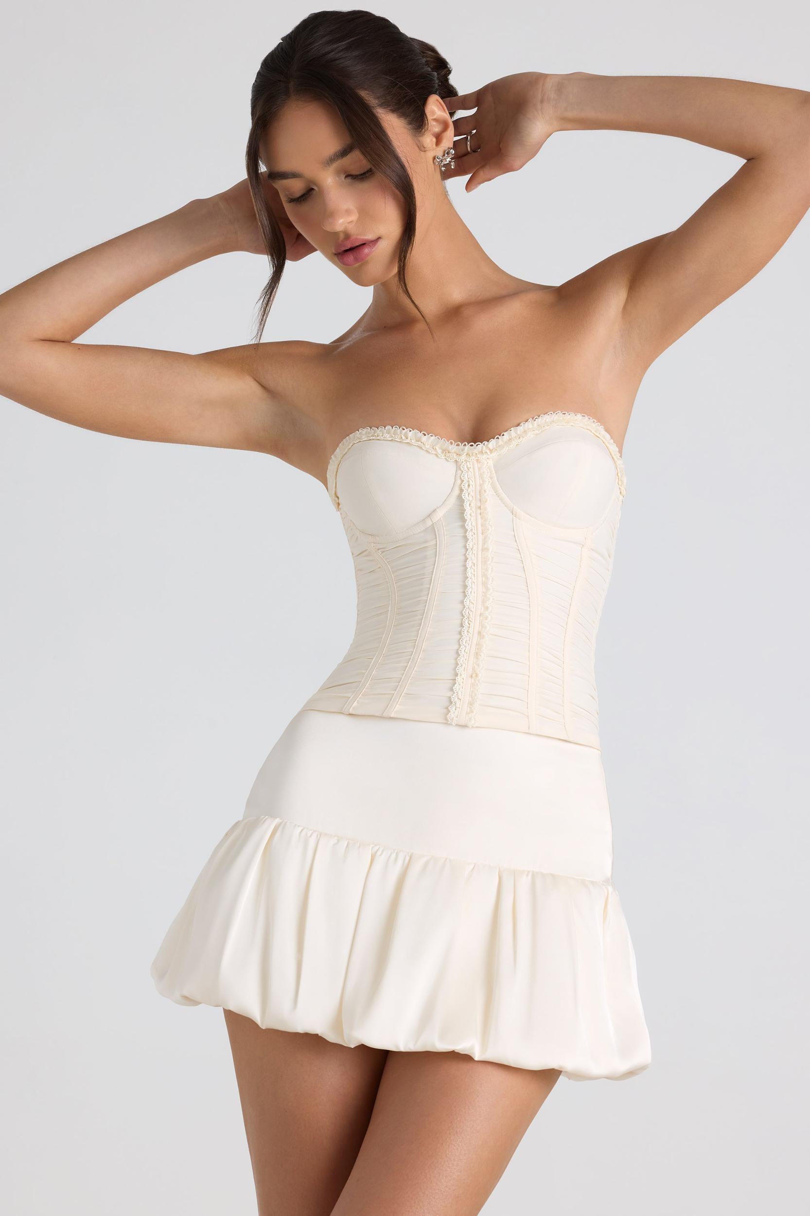 Ruched Lace-Up Strapless Corset Top in Ivory Product Image