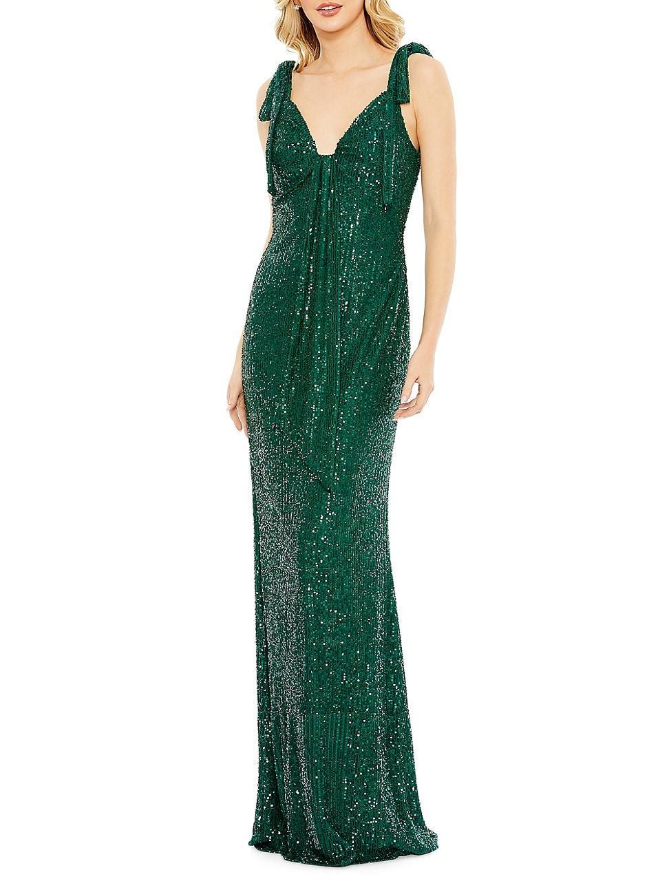 Womens Sequined Bow-Shoulder Column Gown Product Image