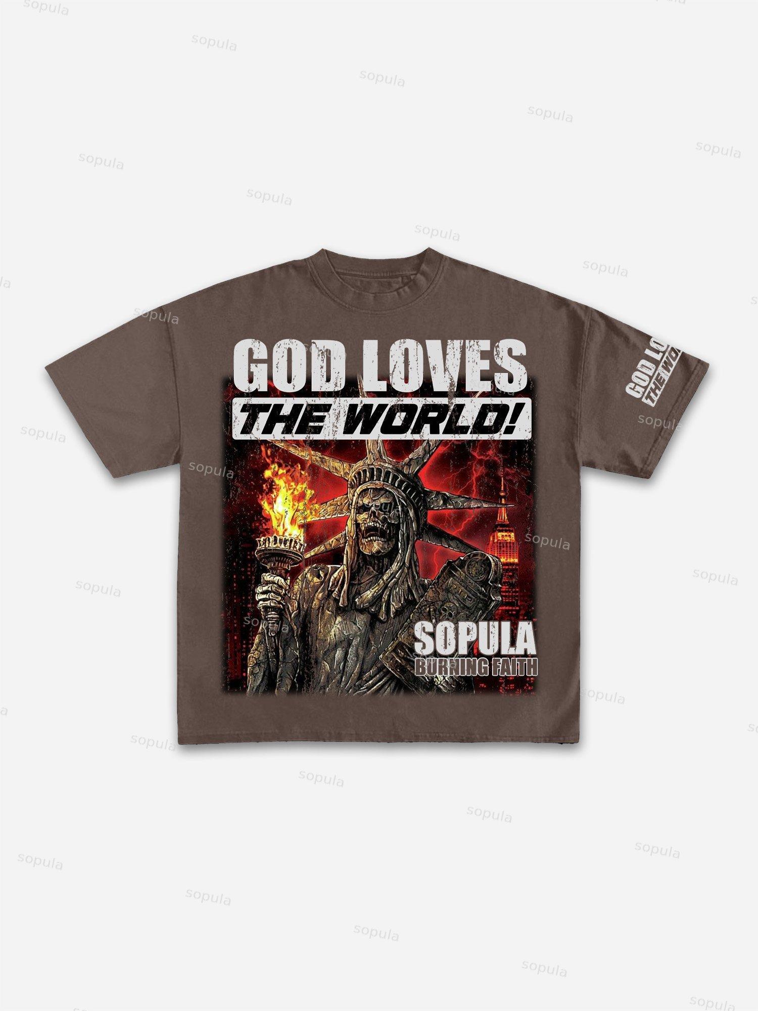 Men's God Loves The World Vintage Graphic Cotton T-Shirt Product Image