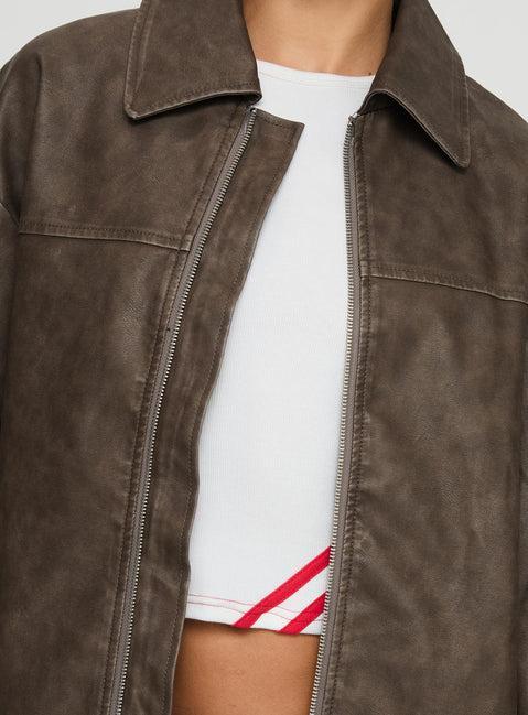 Faux Leather Collared Dad Jacket Washed Brown Product Image