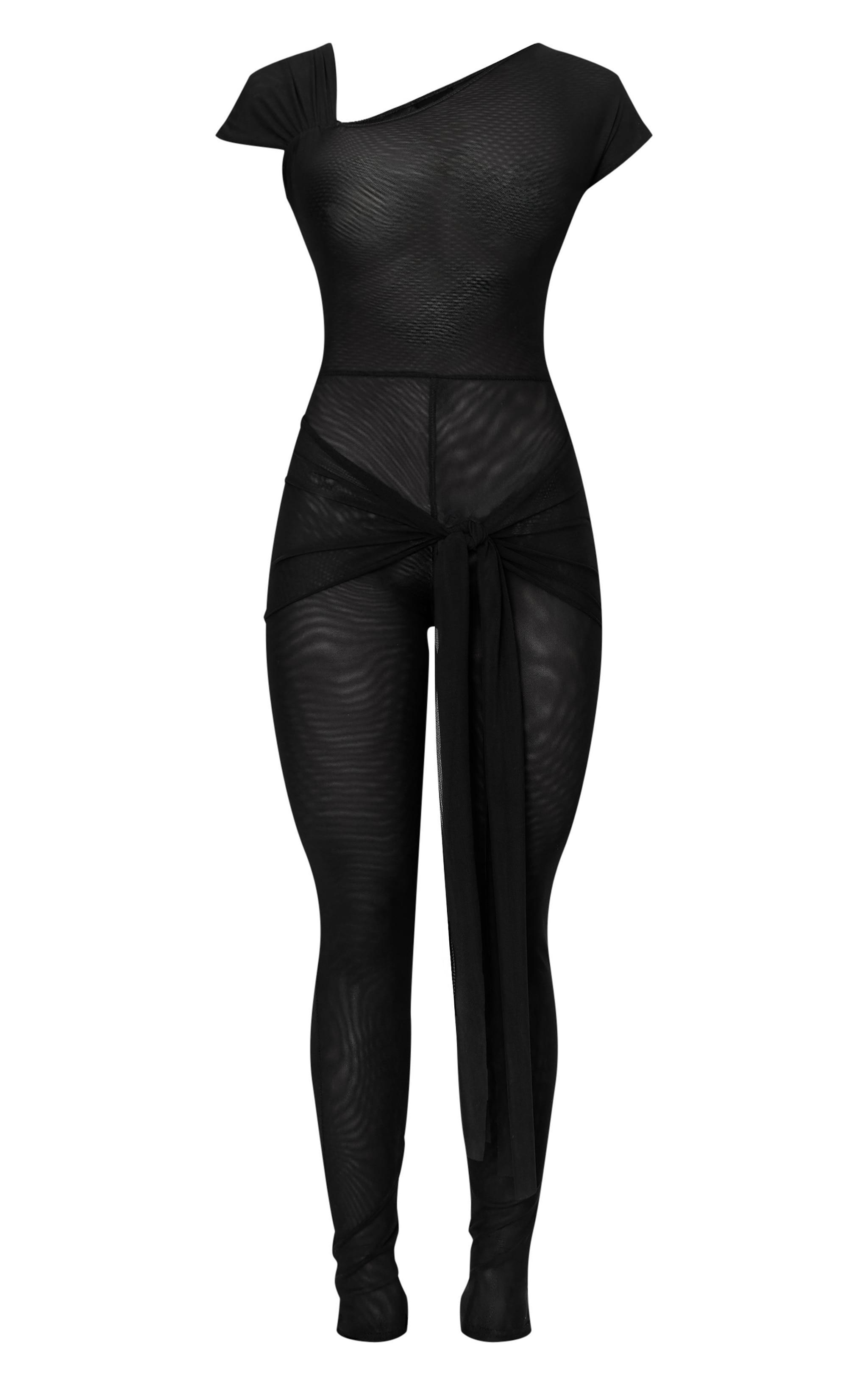 Black Mesh Asymmetric Cap Sleeve Jumpsuit Product Image