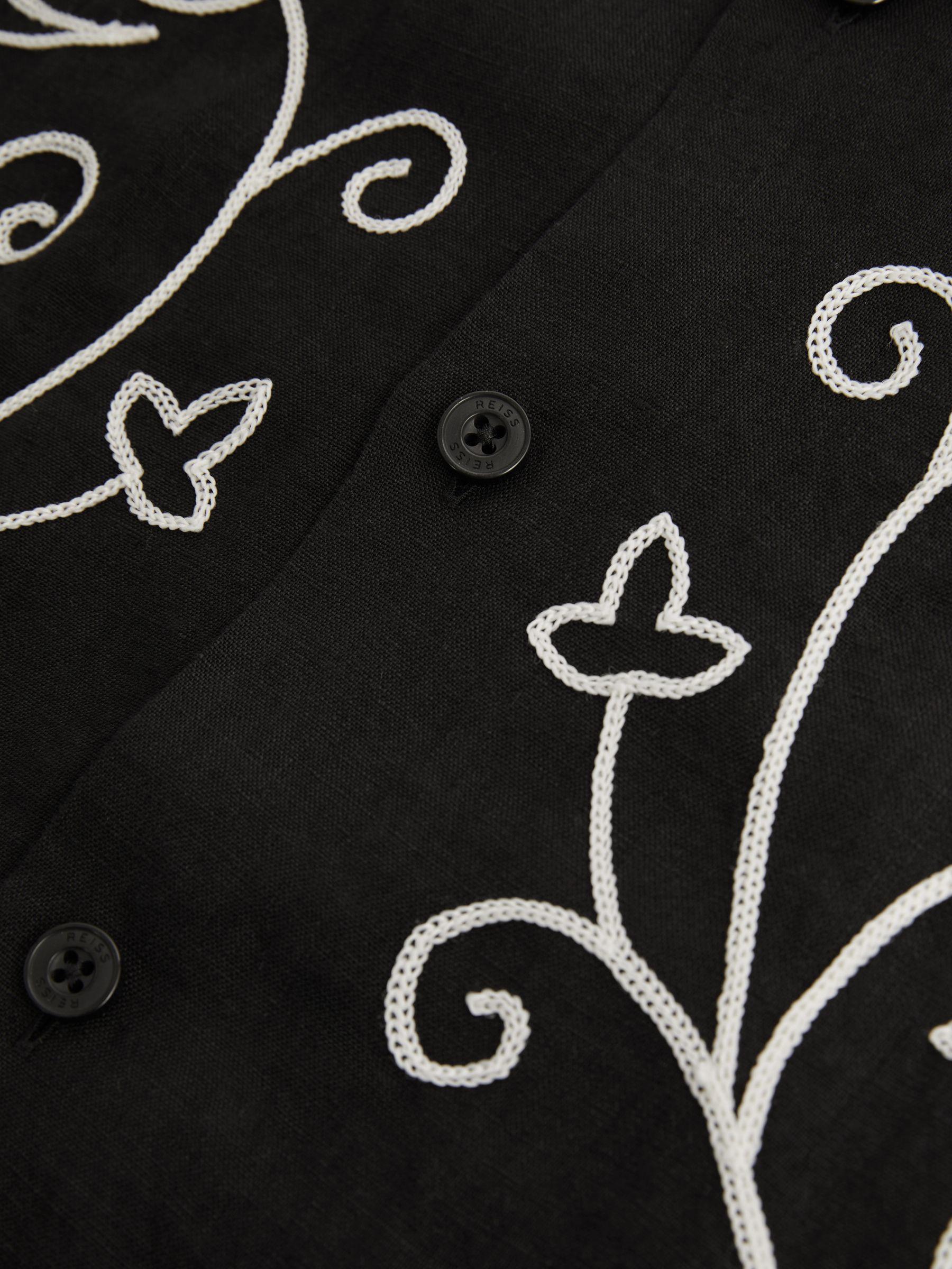 Linen Embroidered Cuban Collar Shirt in Black/White Product Image