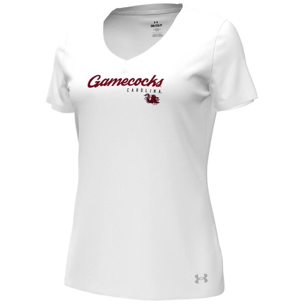 Women's UA Performance Cotton Collegiate V-Neck T-Shirt Product Image