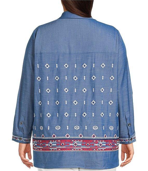 Calessa Plus Size Embroidered Point Collar Long Roll-Tab Sleeve Button Front Tunic Product Image