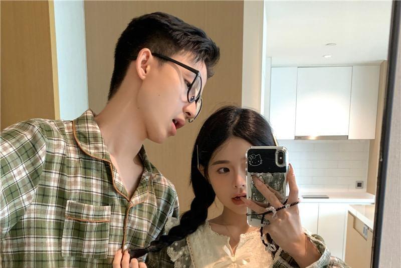 Couple Matching Long-Sleeve Notch Neck Plaid Lace Panel Pajama Top / Lapel Collar Button-Up Top / Pants / Set (Various Designs) Product Image