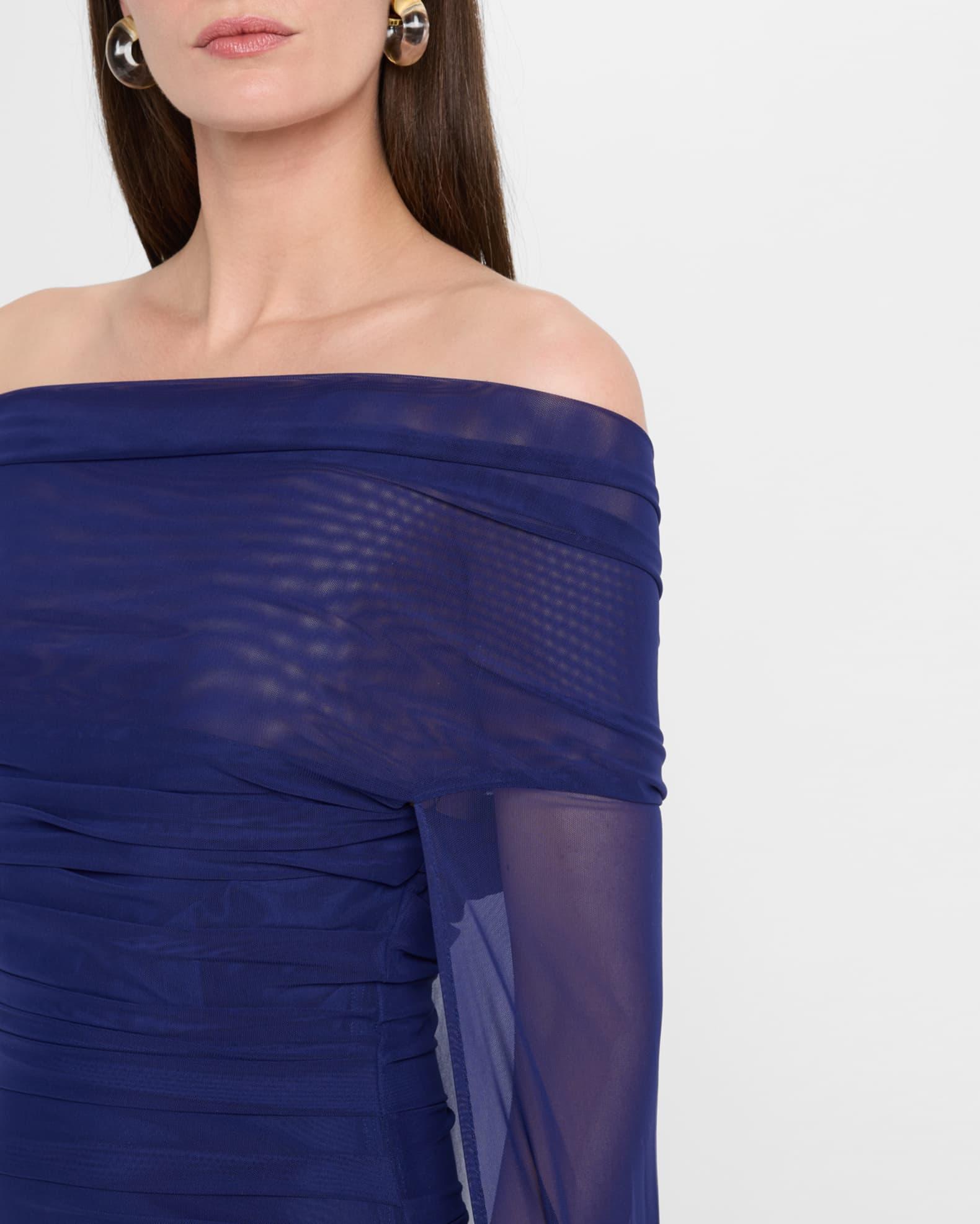 Off-The-Shoulder Ruched Mesh Cape Gown Product Image