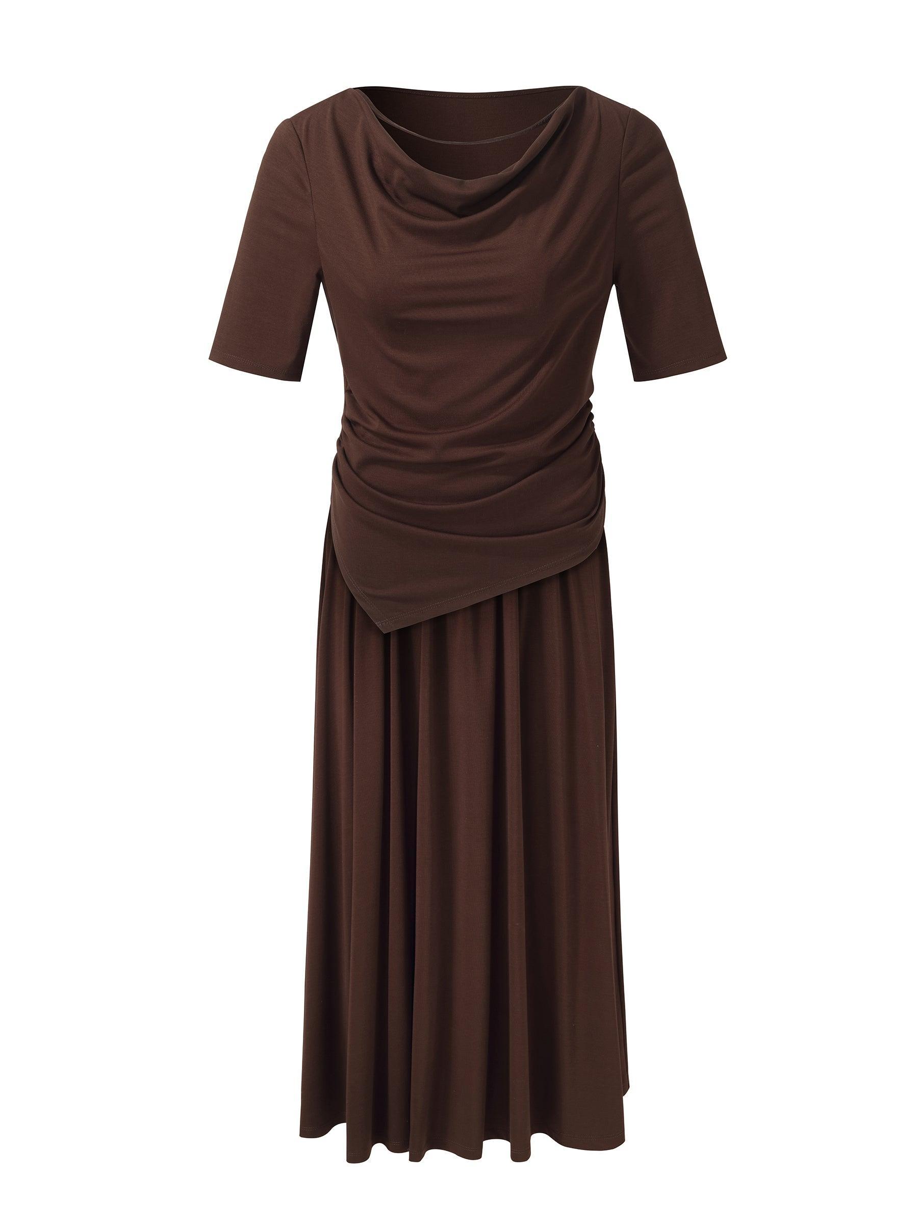 Tencel Blend Stretchy Knit Top And A-Line Skirt Two-Piece Set Product Image