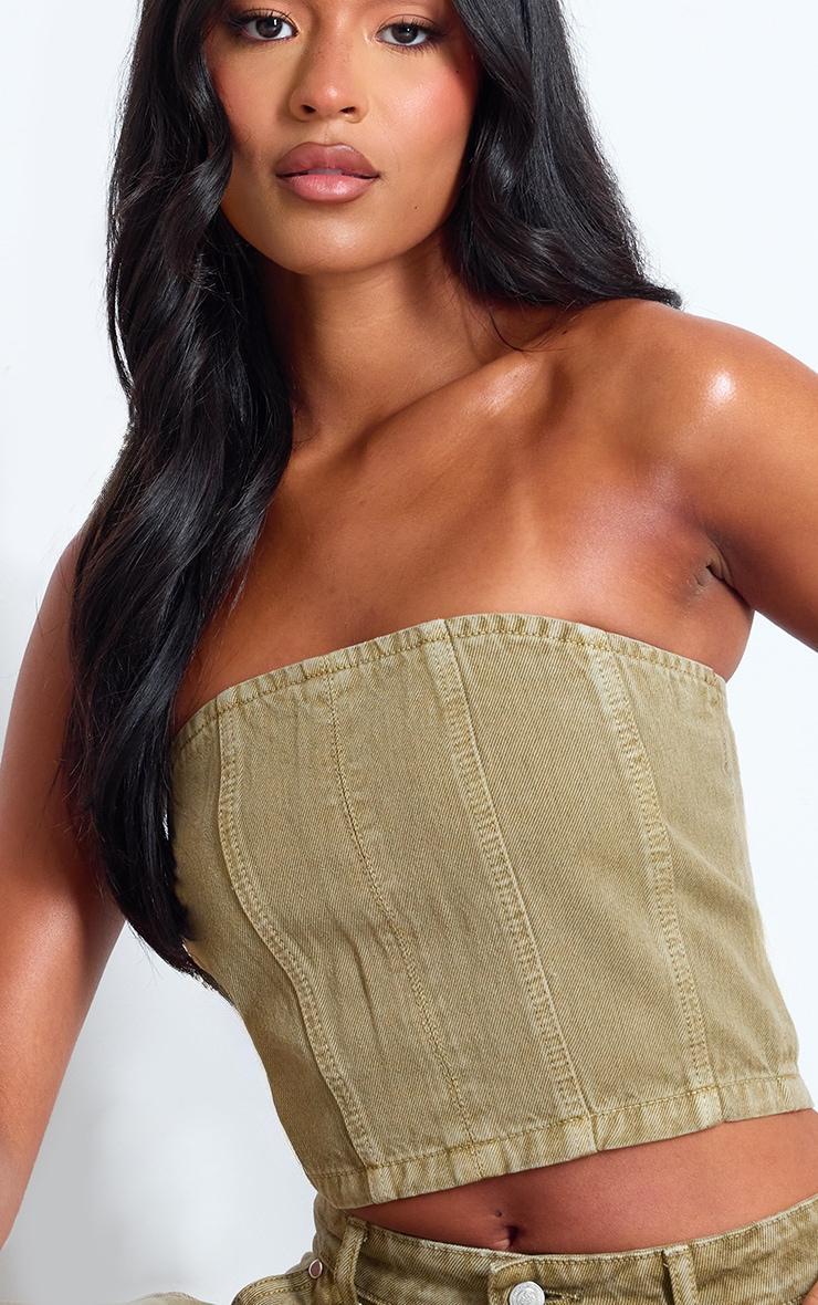 Tall Washed Khaki Denim Bandeau Corset Top Product Image